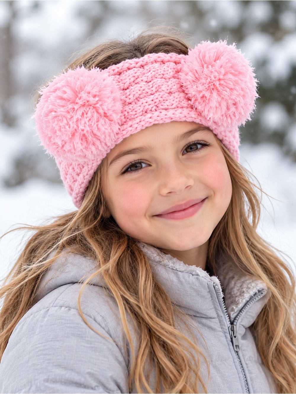 NWT C.C Kids Pink Double Pom Pom Knit Headband Sherpa Ear Warmer M